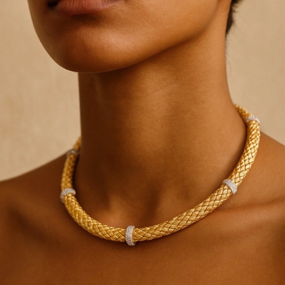 Jewelry - Luxury Woven Gold Necklace with Rhinestone Stations